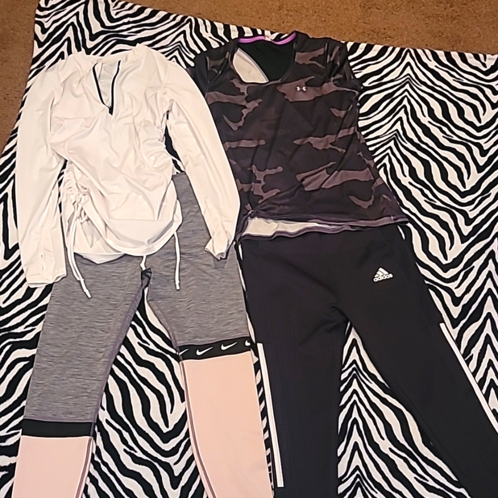 Lot of Womens Nike, Adidas & Under Armor Workout Attire - 2 Pants, 2 Tops size M